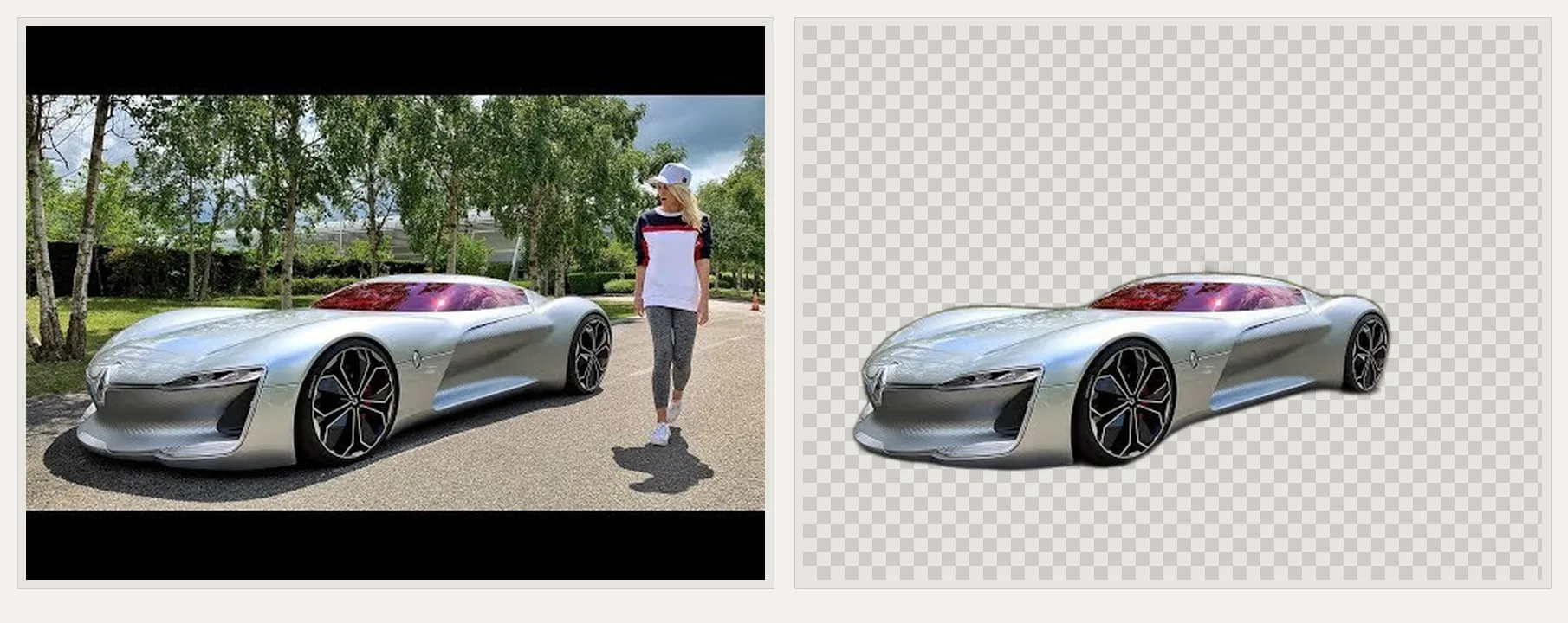 Background remover before-and-after cutout of a car on a checker-style transparent panel.